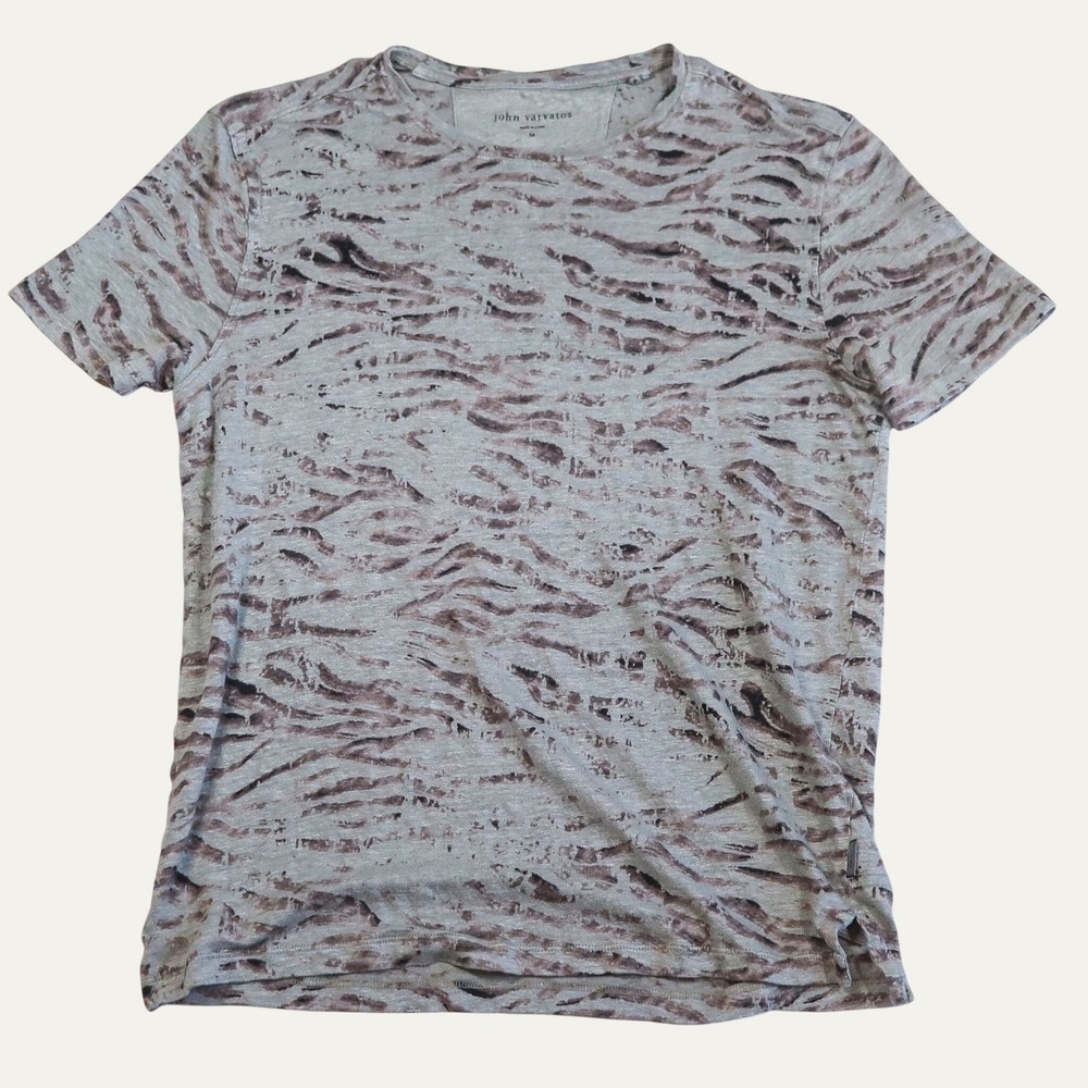 John Varvatos 100% Linen T-Shirt Mens M Gray Burnout Tiger Stripe Short Sleeve